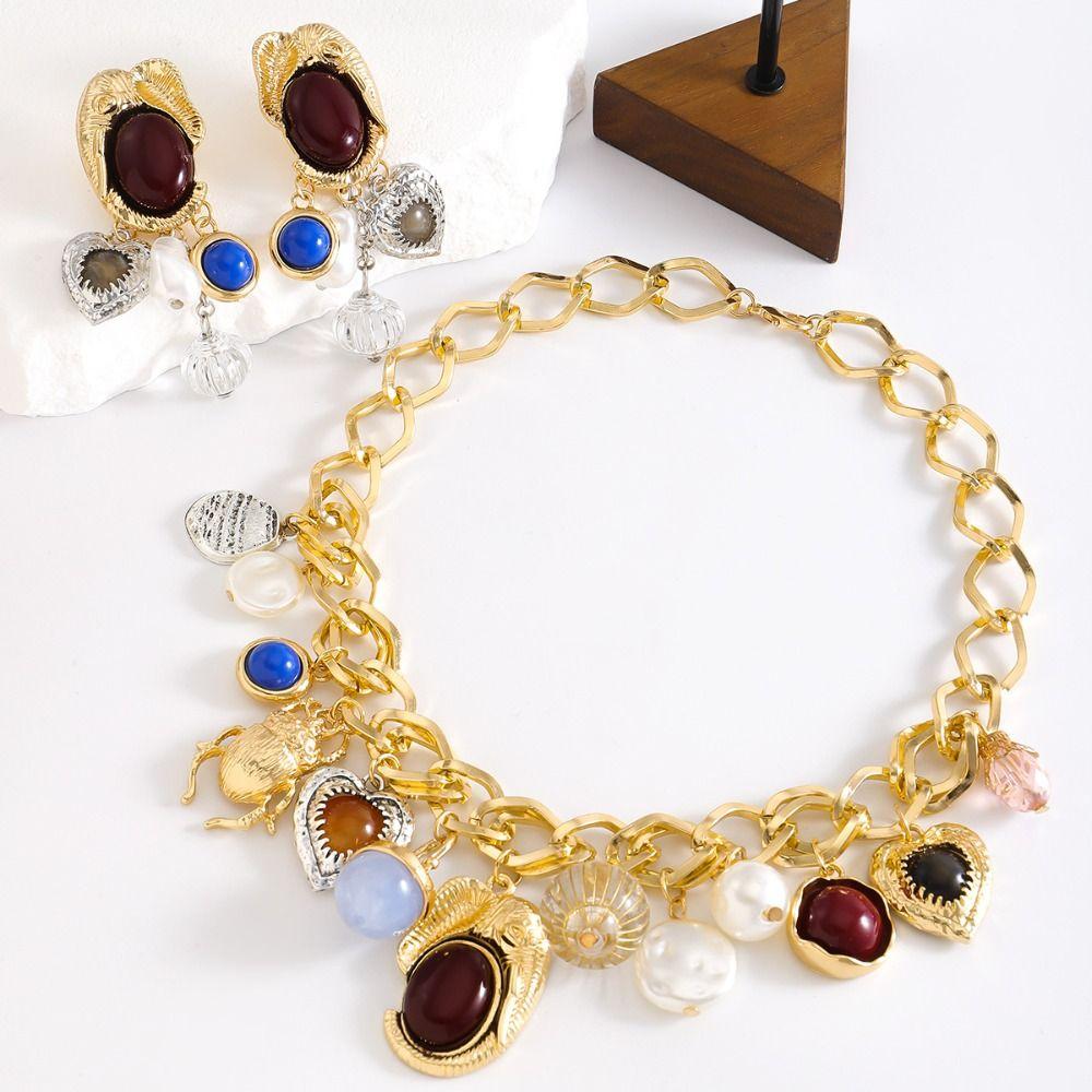 Literatur Mehrfachanhänger Kettenhalskette Schmuckset Vintage Ohrring Schlüsselbeinkette Frauen