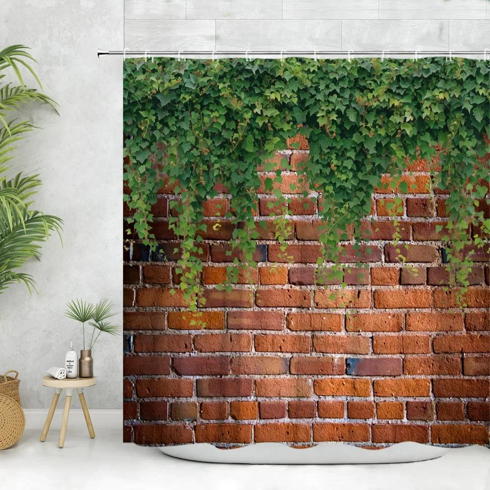 Brick Wall Shower Curtain Vintage Vines Spring Greenery Nature Scenery Leave Farm Flower Polyester Fabric Bathroom Decor Curtain