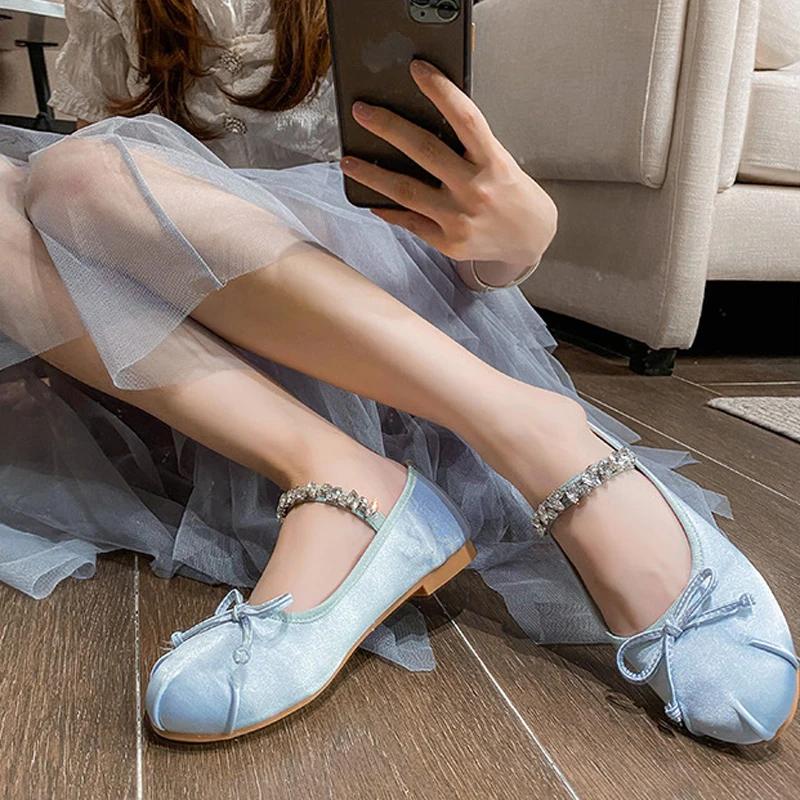 Fashion Elastic Rhinestone Band Mary Janes Woman Bowtie Silk Ballets Shoes Ladies Round Toe Flats Female Loafers Wedding Brides Shoes