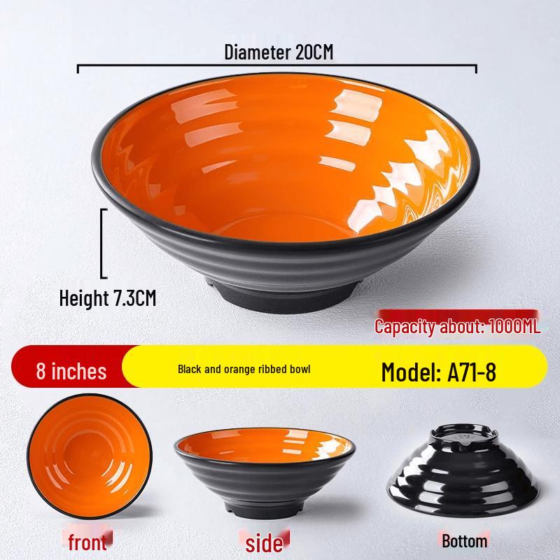 8-inch Melamine Black & Orange Threaded Ramen Bowl Set (10-pack)