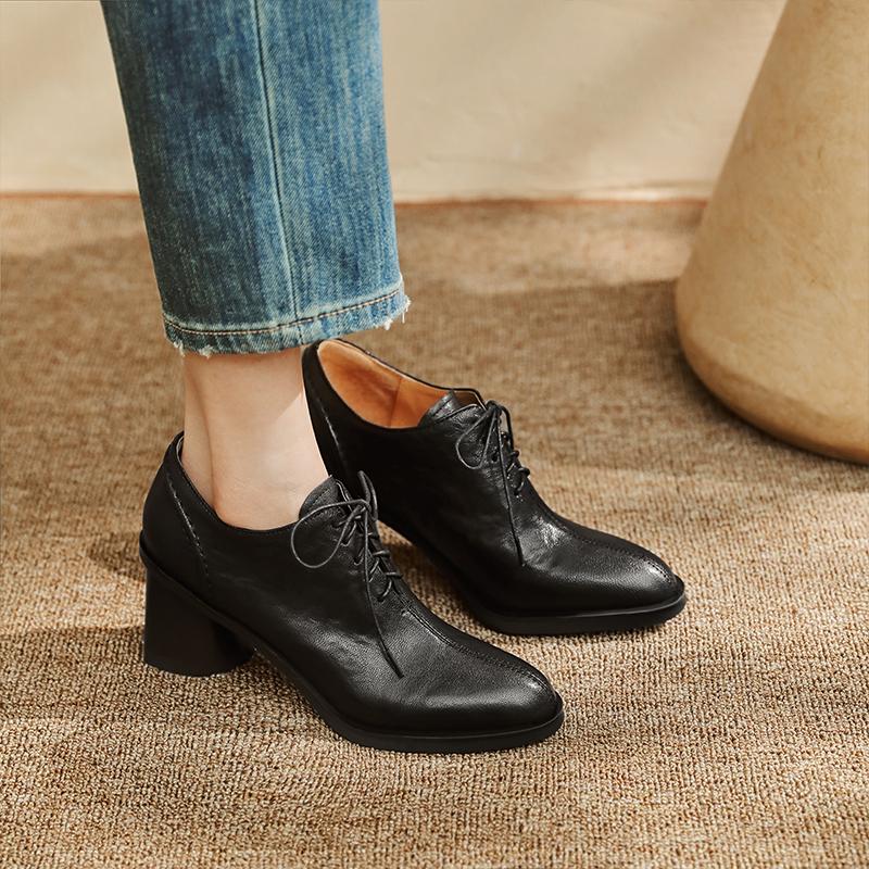 Fashion 2025 New Autumn Women Shoes Round Toe High Heels Genuine Leather Chunky Heel Women Pumps Retro Lace Up Black Shoes for Women