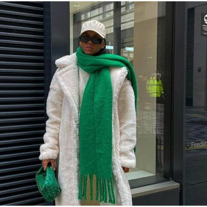 Vinterskjerf Dame Luksus Høst Vinter Cashmere Skjerf Tykket varmt sjal Klassisk dusker Fluffy skjerf Ensfarget mykt sjal