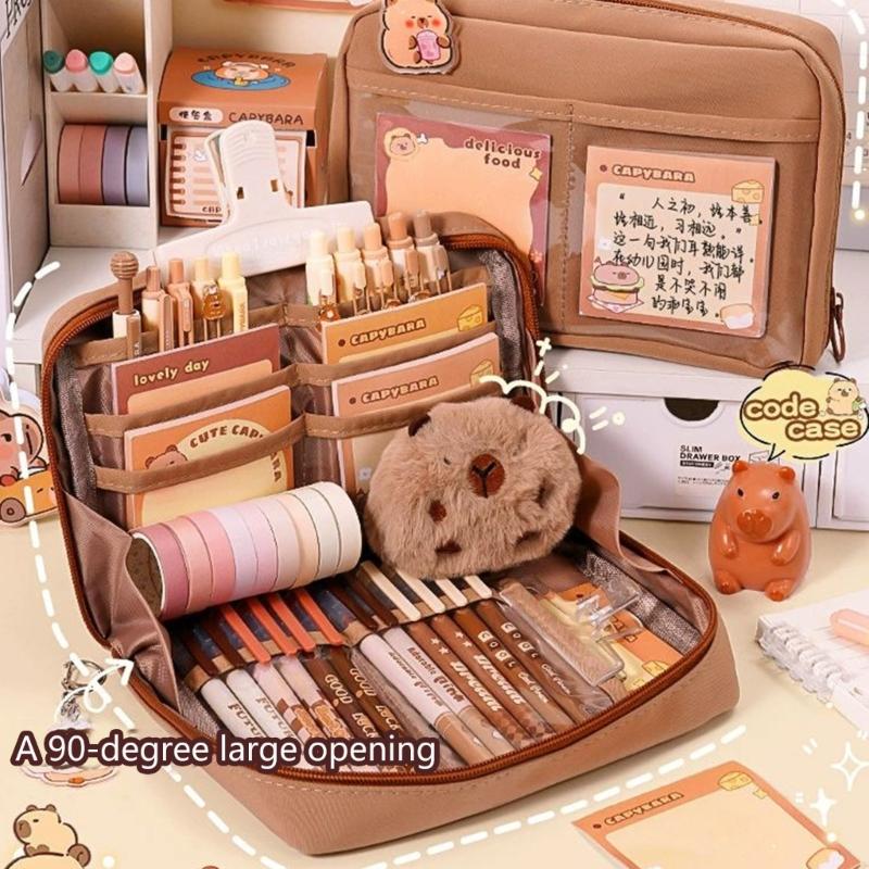 9Pcs Capybara Student School Stationeries With Large Pencil Case Eraser Pen Paper Clamp Highlighter Pen Ruler Sticker