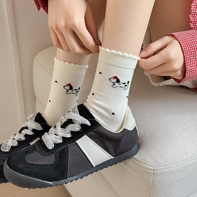 Puppy Socks, Women's Spring and Autumn Cotton Socks, Mid-calf Socks, Trendy and Breathable Cotton Socks, Cute Lace Bubble Opening Pile Socks