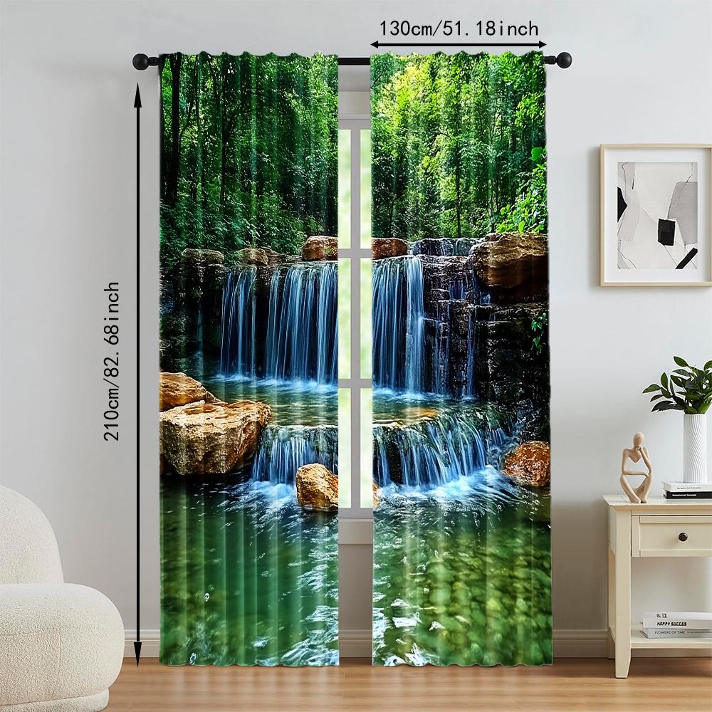 2 pcs, versatile polyester transparent curtains for home decoration Rainforest Waterfall Natural for use in bedrooms and living