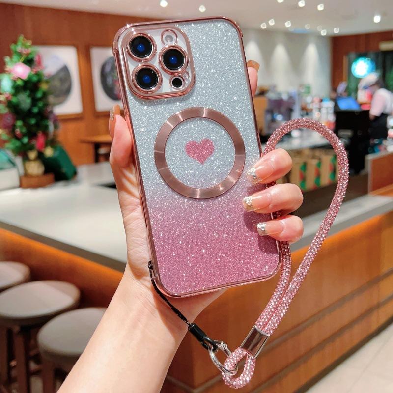 Applicable to Apple 11Promax love glitter mobile phone case 11Pro magnetic suction 11 electroplating transparent 11 portable rope female