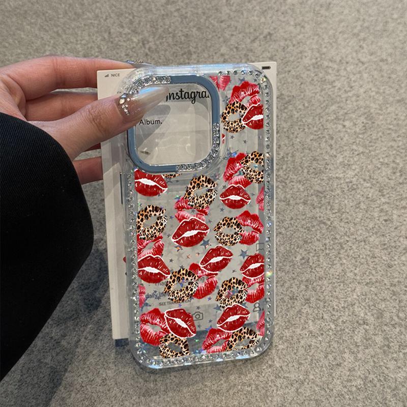Leopard Print Red Lip Print Applies To Apple 17 Pro Mobile Phone Case iPhone15/16 Flash Diamond Star 14 Luxury 12 Women 13