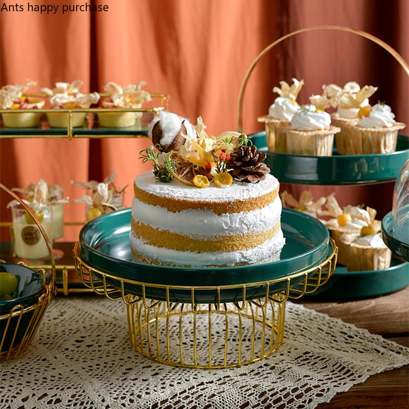 Wrought Iron Ceramic Plate Cake Pan Display Stand Dessert Plate Cake Pan Fruit Plates Decorative Frame Snack Tray Salad Bowl