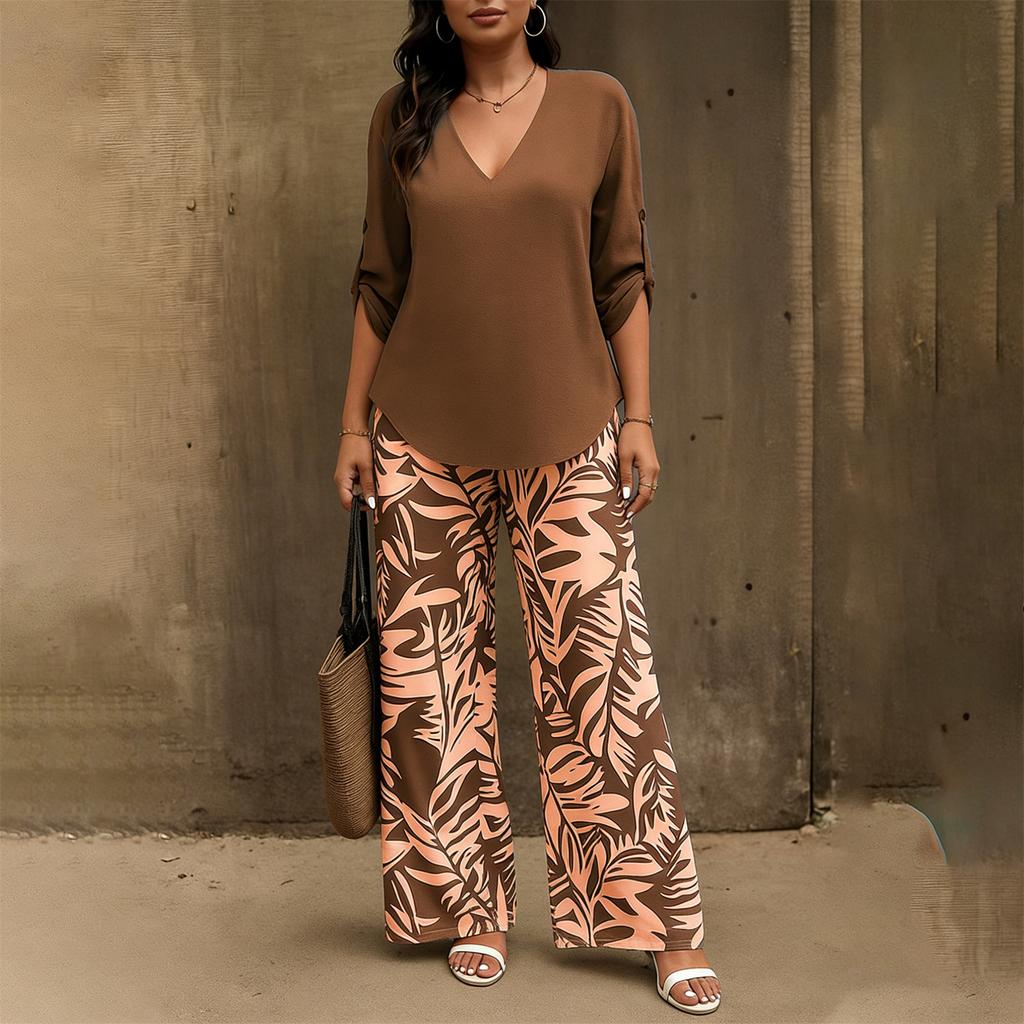 Damen 2-teiliges Mode-Freizeit-Set: Lockerer V-Ausschnitt-Top + Weit geschnittene Hose Loungewear