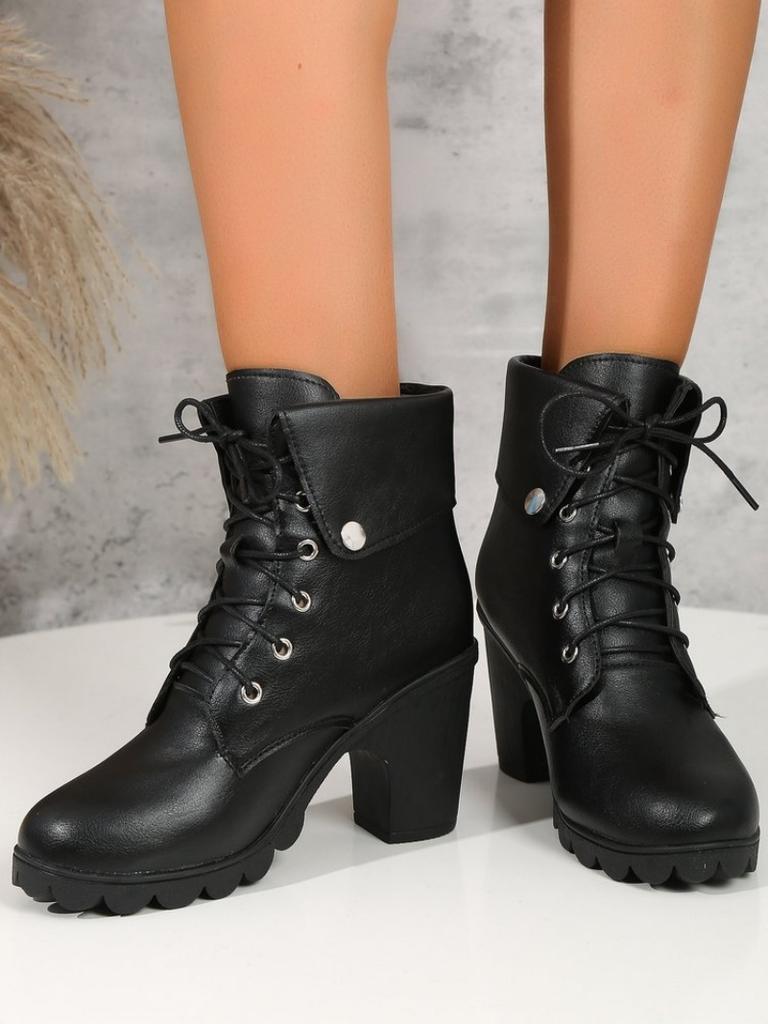 Fashion High Heels Women Ankle Boots Lace Up Spring and Fall Platform Ladies Boots Large Size 40 41 42 Fashion Leather Shoes Black Brown