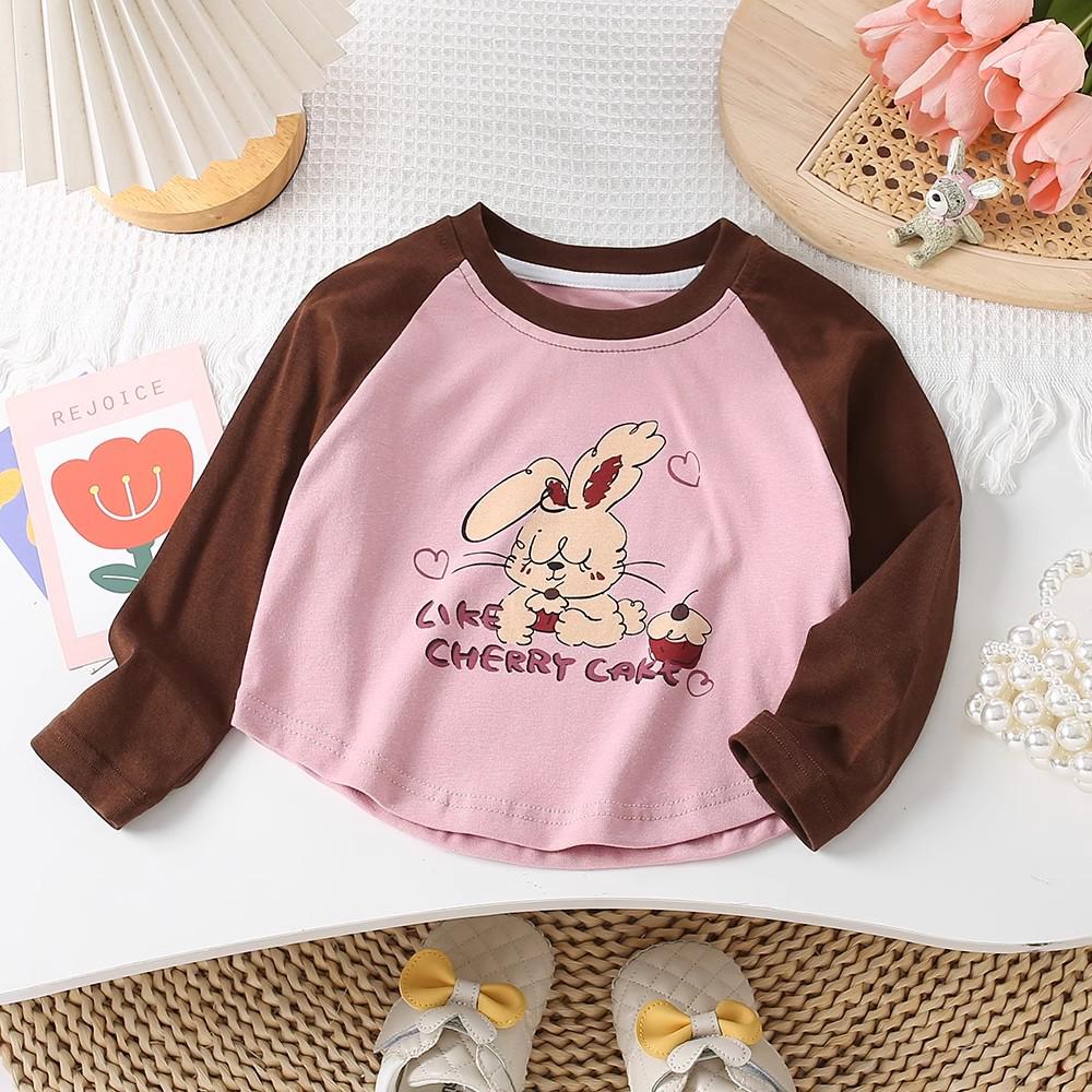 Koreańska Jesienna Koszulka z Długim Rękawem dla Dziewczynek: Uroczy, Blok Kolorów, Wszechstronny Nadruk