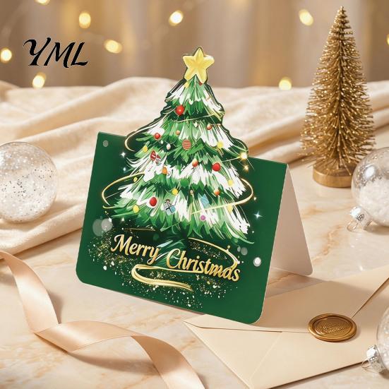 Festive Gift Cards for Relatives Friends 10 Pcs 3D Christmas Tree Greeting Cards, Holiday Postcards Decorative Bulk New Year, Winter Xmas Party