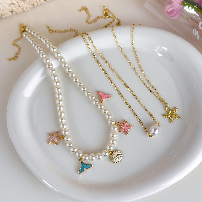 3Pcs/Set Summer Colorful Starfish Pendant Pearl Multi Layer Chain Choker Necklace For Women Seaside Beach Vacation Accessories