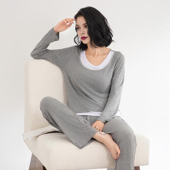 Two Piece Modal Pajamas Set for Women Long Sleeve Top And Pants Sleepwear with Built-in Bra Casual Loungewear Pjs Set