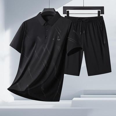 Summer Ice Silk Lapel Polo Shirt Men's Short Sleeved T-shirt Shorts Set Quick Drying