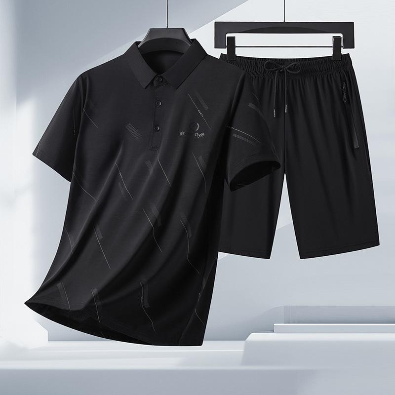 Summer Ice Silk Lapel Polo Shirt Men's Short Sleeved T-shirt Shorts Set Quick Drying