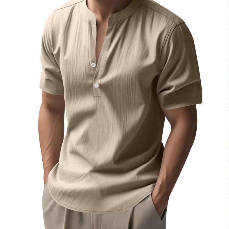 Summer Men's Casual Loose-Fit Shirt with Stand Collar Linen Short-Sleeved Plain-Coloured Shirt Plus Size Menswear