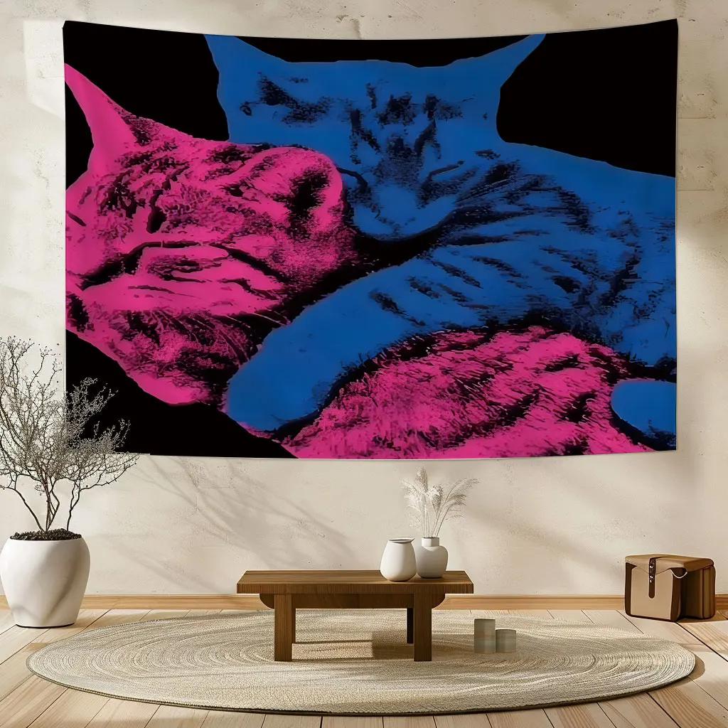 

1 Pc Blue and Light Red Cat Tapestry of Love Beautiful Wall Hanging for Bedroom Living Room Dorm or Party Decor Larger Poly 74x94cm(29x37in)