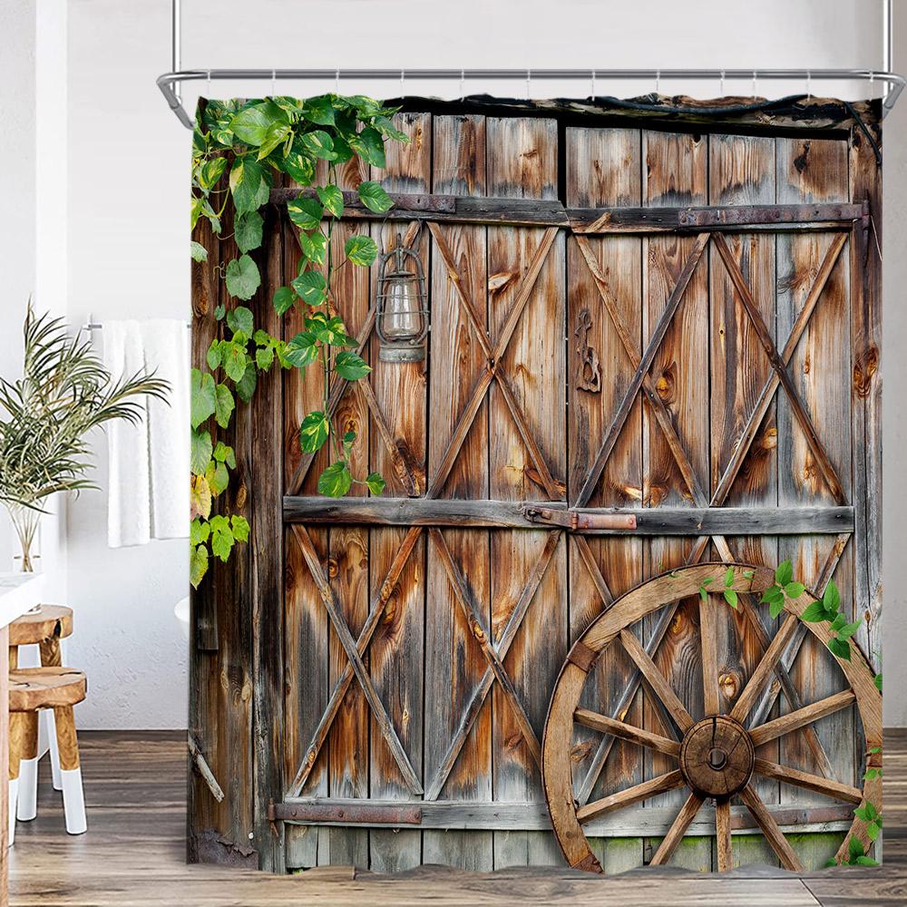 Rustic Barn Door Shower Curtains Rural Life Green Vines Wheel Wooden Plank Door Bath Decor Vintage Western Cowboy Bath Curtain