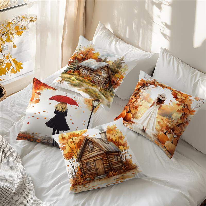 Autumn Themed Cushion Pillowcase Printed 100% Polyester 45X45Cm Throw Pillowcover Decorative Sofa Cushion Pillowslip Home Decor
