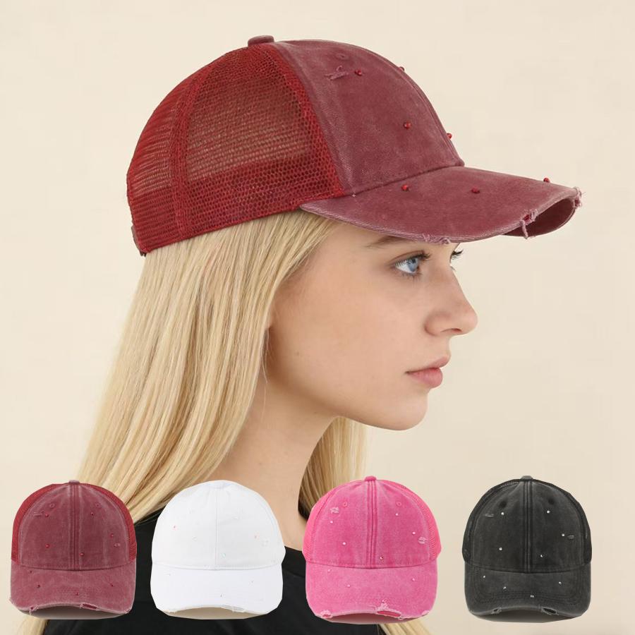 New Summer Mesh Rhinestone Baseball Cap Women Diamond Washed Cotton Sun Cap Adjustable Girls Casual Outdoor Beach Hat