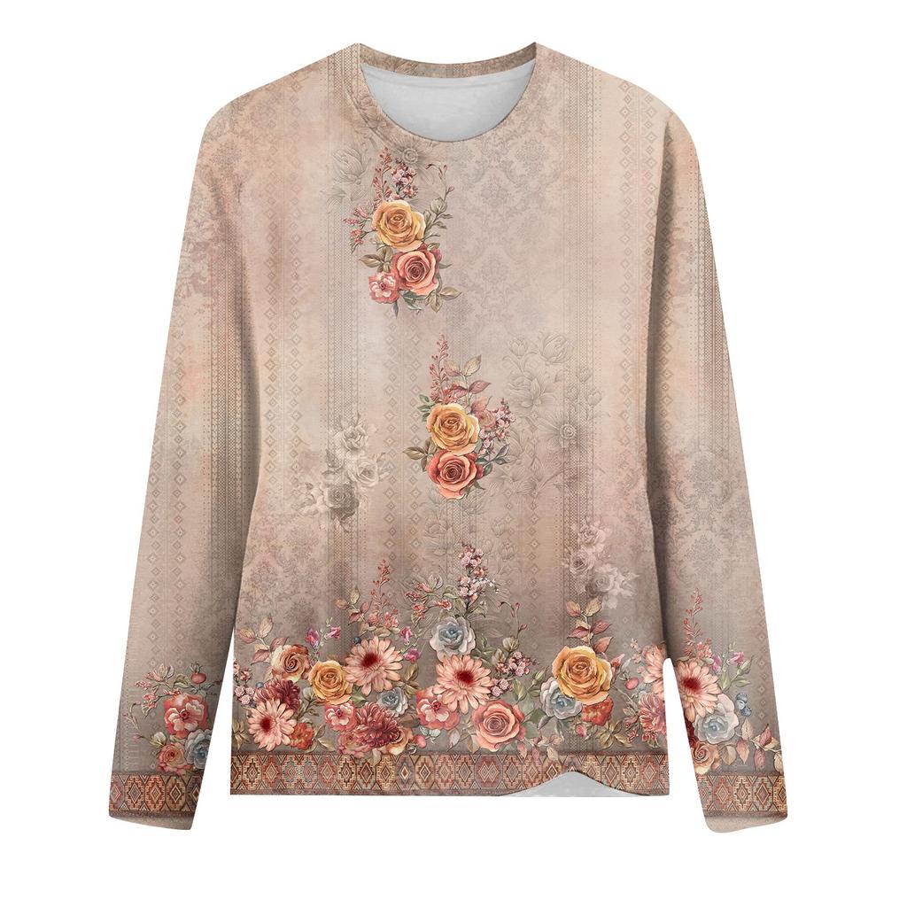 Women's Fashion Casual LongSleeve Print Round Neck Pullover Top Blouse