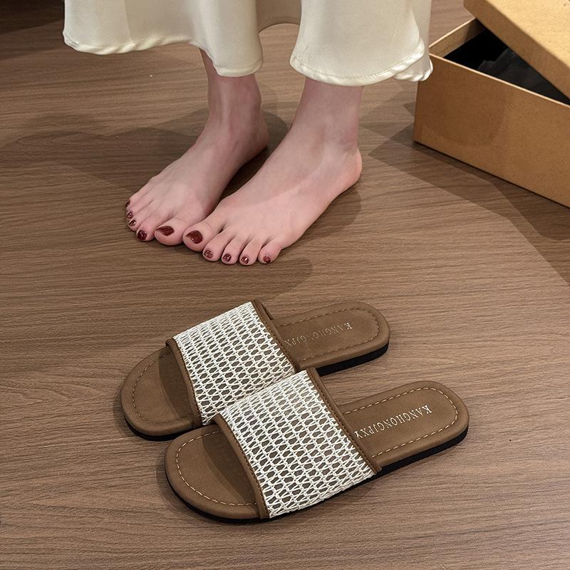 2025 Shoes, Sandals, Half Slippers, Women's Casual Summer Outer Wear, Hollowed-out Woven Breathable New Models