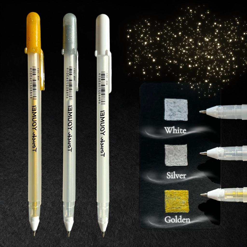 Highlighter Pens for Black Paper, Gel Ink Pens (White, Silver, Golden) with 0.9mm Nib, Ideal for Artists, Students & Journalers