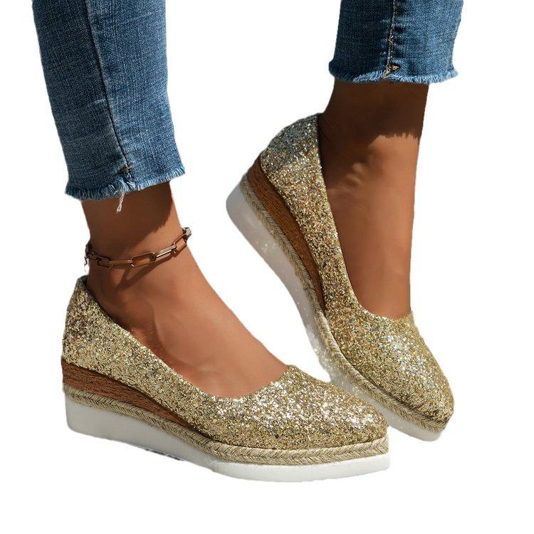 Casual Large Size Sequined Platform Women's Shoes Autumn New Women's Comfortable Soft Sole Wedge Single Shoes Women