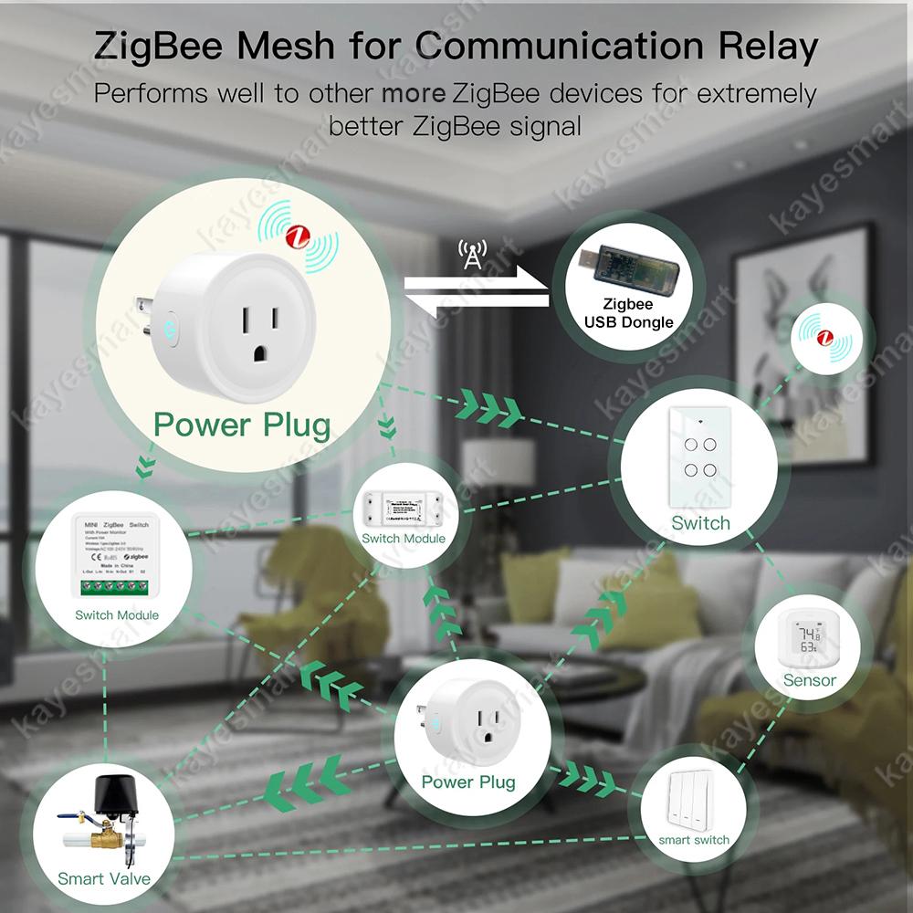 Zigbee2MQTT Smart Plug Zigbee US Socket 20A Wireless Home Outlet with Power Monitor APP Control Works with Alexa Home Assistant