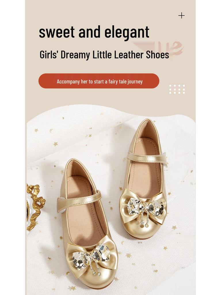 Lente 2026 Prinsessenschoenen voor Meisjes - Ronde Neus met Kristallen Gesp en Strikdetail in Leer.