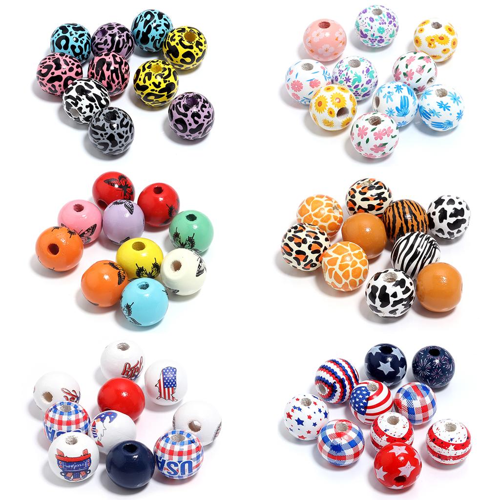10Pcs 16mm Natural Wooden Beads Colored Butterfly Flower Star Print Spacer Beads For DIY Craft Bracelet Phone Chain Accessories