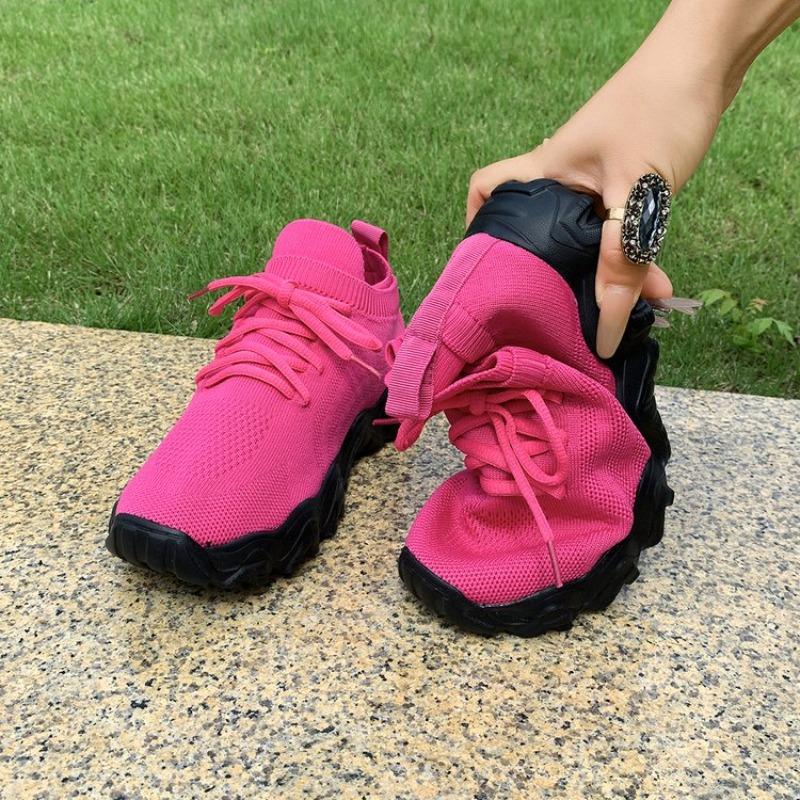 Spring and Autumn Casual Soft Sole Sneakers Round Toe Knitted Mesh Breathable Front Lace-up Sock Shoes for Lazy Women