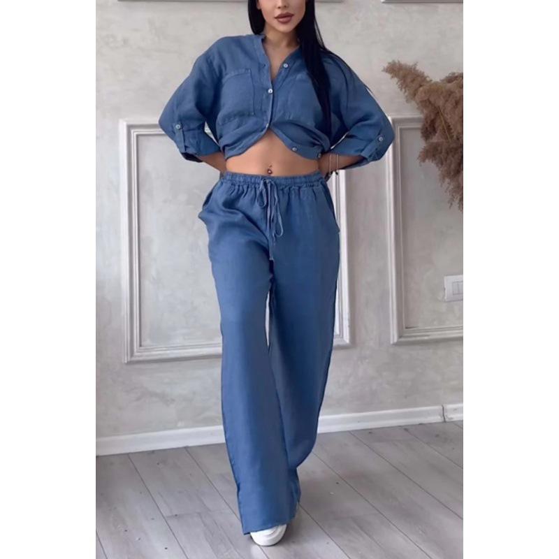 2024 Women's Solid Color Long-Sleeve Shirt & Wide-Leg Pants Set