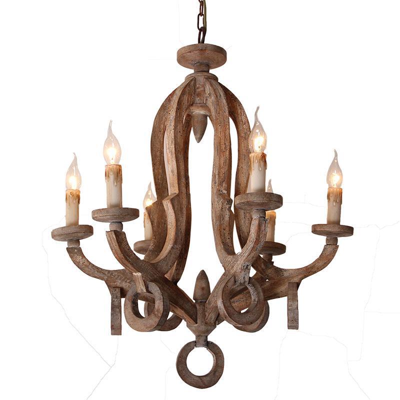 Wooden Candle Chandelier Vintage Lustre Bois Lustre Pendant Chandeliers Lighting Living Room Kitchen Bedroom Retro Light Fixture