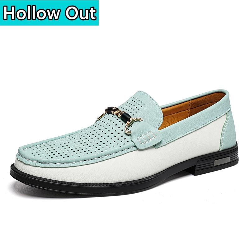 Men's Comfortable Breathable Hollow Out Driving Shoes Spring Summer New Cow Leather Shoes Business Style Slip-On Casual Loafers