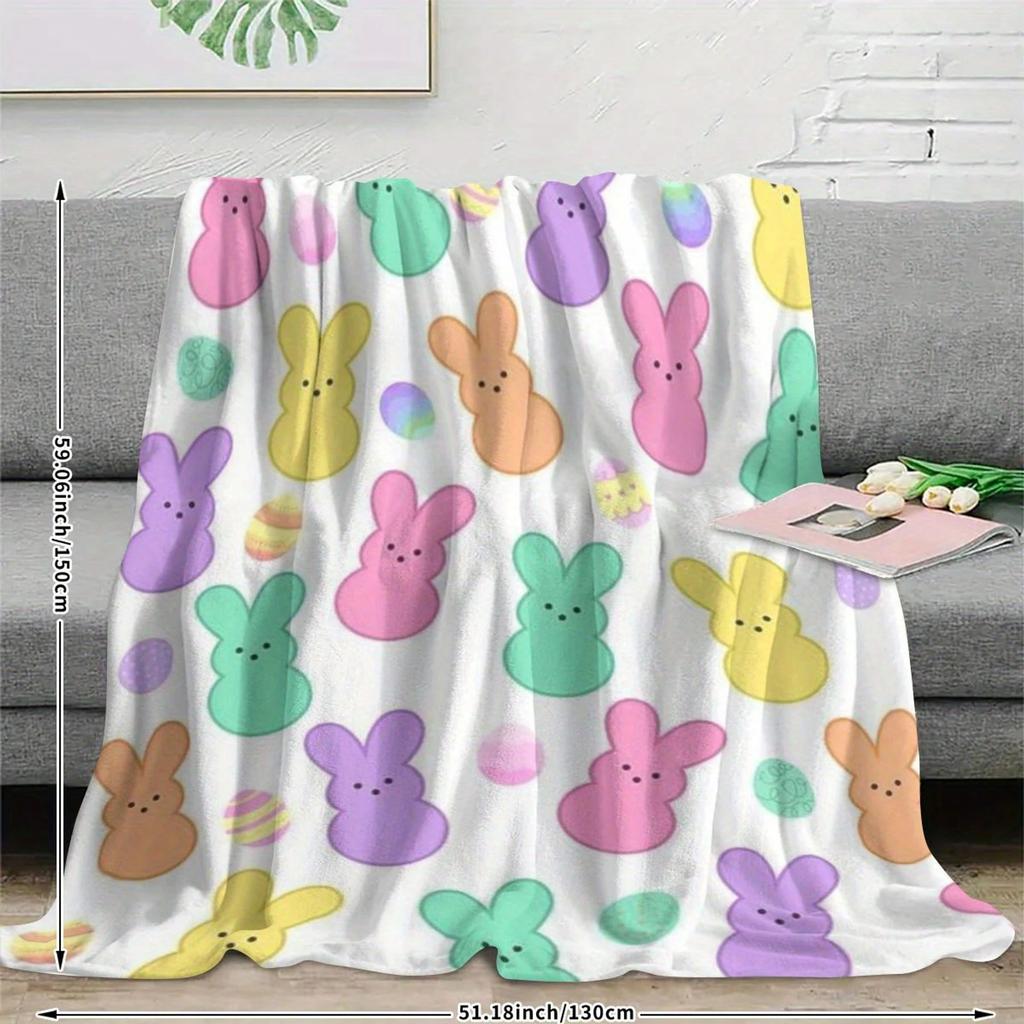 1pc Easter Colorful Bunny Flannel Blanket 2D Flat Print AllSeason Holiday Cozy Throw for Kids Bedroom Living Room Campin