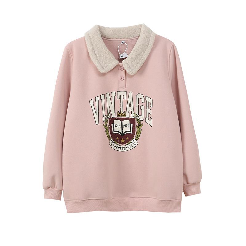 Large Size Women's Lamb Wool Lapel Print Sweater Winter New Pullover Fleece Thermal Top 431928