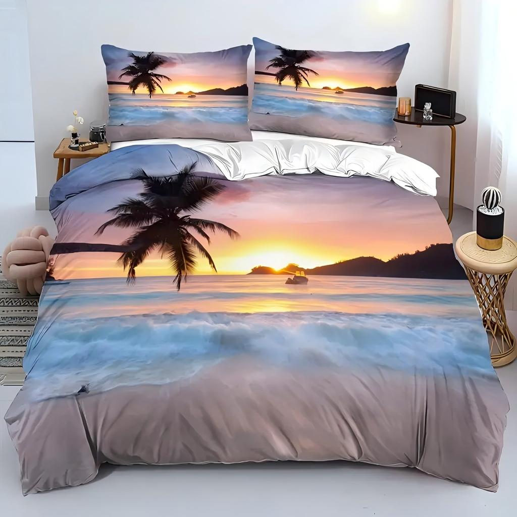 Pink Blue Sky Beach Sunset Scenery 3D Printed Bedding Set Summer Hawaiian Style Duvet Cover Set Soft Comfortable Quilt Cover Set
