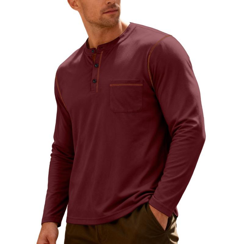 Men's Solid Color Stand Collar Henley Shirt, Long Sleeve Business Casual Sports Top, Spring Summer Daily Versatile Pullover T-Shirt