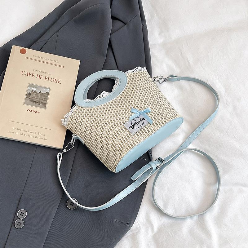 Sweet bow woven bag women's new trendy fashion literary portable vegetable basket bag messenger bag