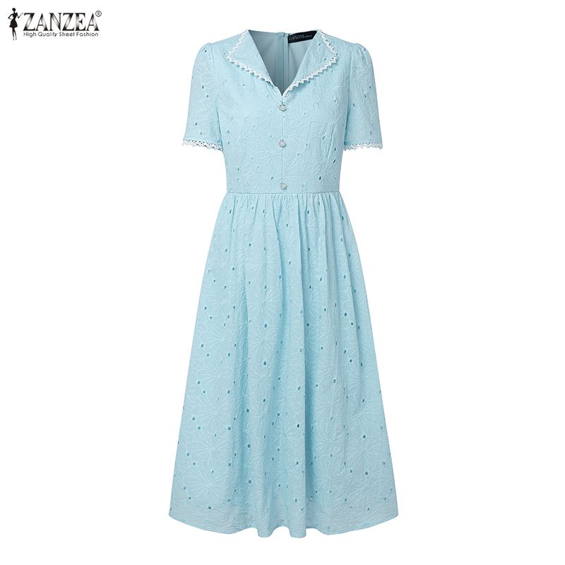 ZANZEA Women Casual Turn Down Collar Summer Patchwork Crochet Short Sleeve Dress