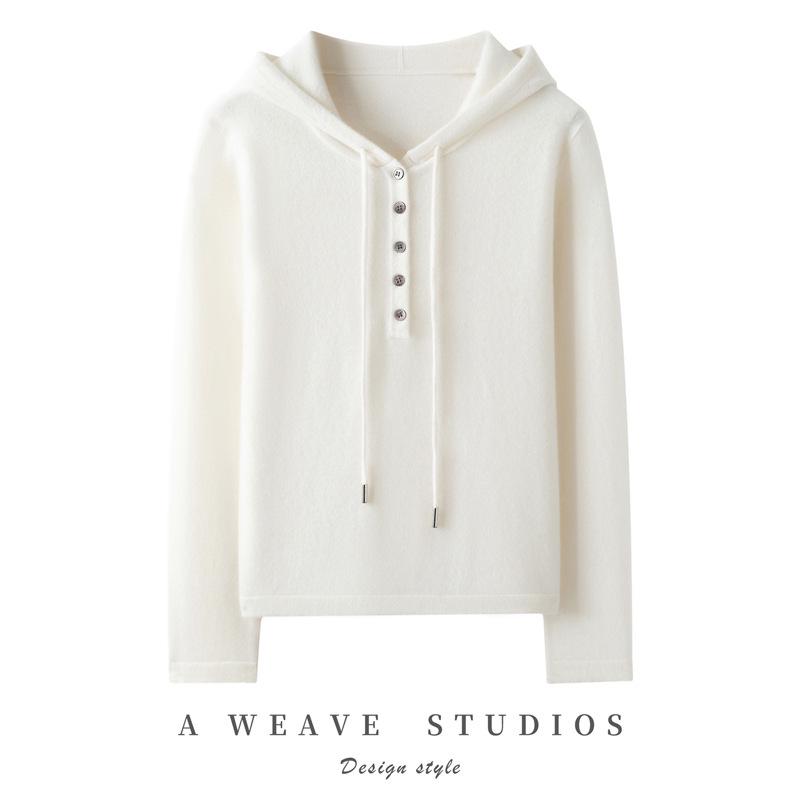 Fall & Winter Women's 100% Cashmere Half-Zip Hoodie - Loose Fit, Versatile Knit Outerwear.