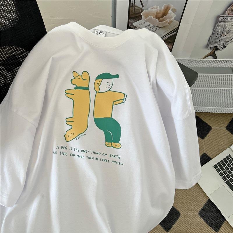 

% Pure cotton shoulder back bag collar fun cartoon short-sleeved T-shirt women s spring and summer new ins S белый
