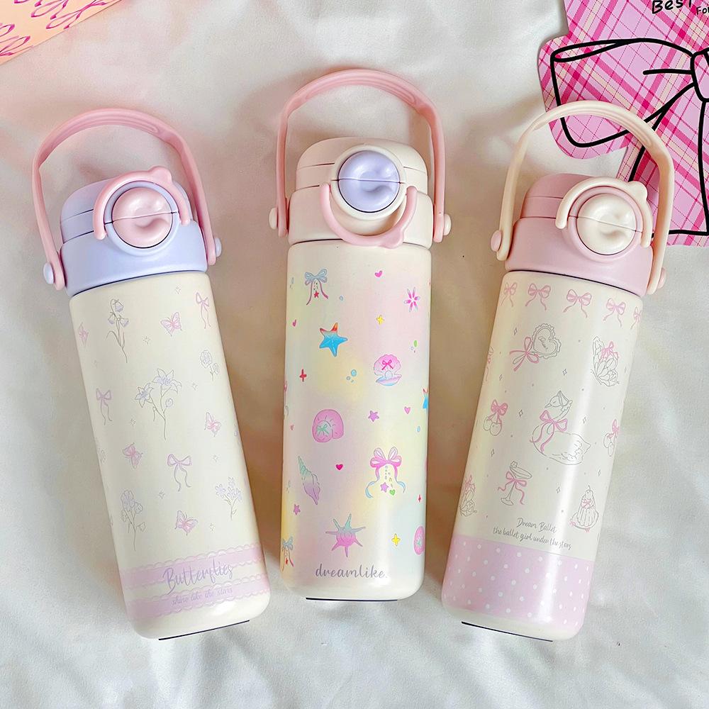 Cute and sweet girl thermos cup convenient cartoon straw cup office home student 316 stainless steel cup