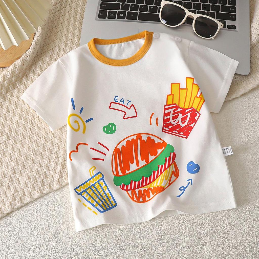 Letní trička s krátkým rukávem 2026 pro chlapce a dívky Miminko Jaro Kulatý výstřih Kreslený bavlněný top pro děti