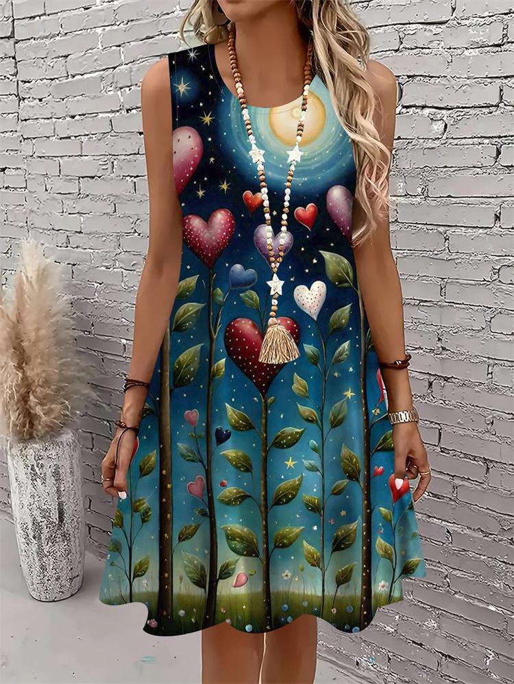 Casual Women Tank Dress Summer Sleeveless O-Neck 3D Print Loose A-Line Dress Beach Vest Dress
