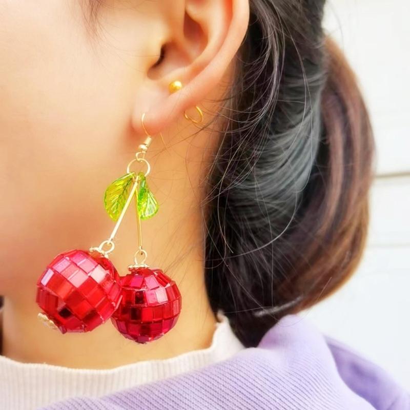 3D Red Cherry Fruit Drop Dangle Earrings Crystal Green Leaf Funny Earrings for Women Girls Tassel Aesthetic Jewelry