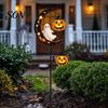 Outdoor Decorative Metal Stakes Solar Halloween White Ghost Pumpkin Moon Garden Stake Light, Waterproof LED Crescent Cat Lanterns Yard