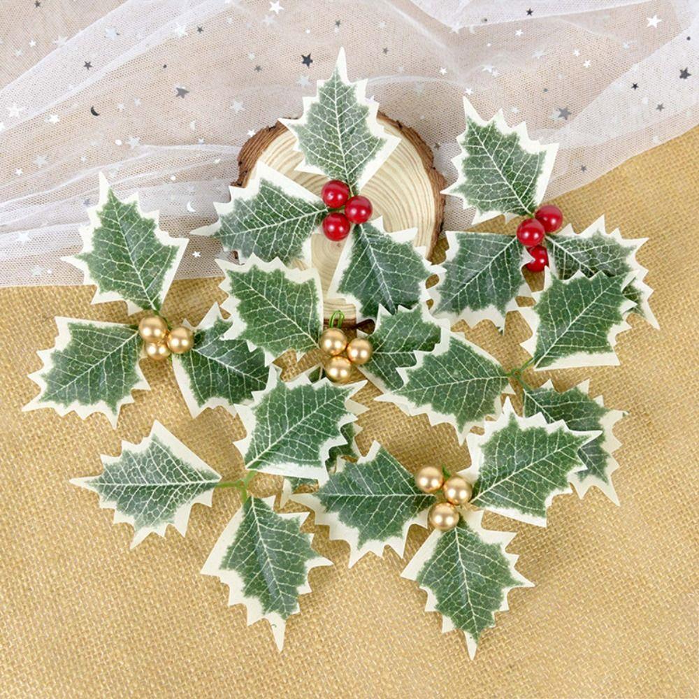 30PCS Fake Plant Artificial Holly Berry Leaves Handmade Materials Red Berries  Christmas Decoration